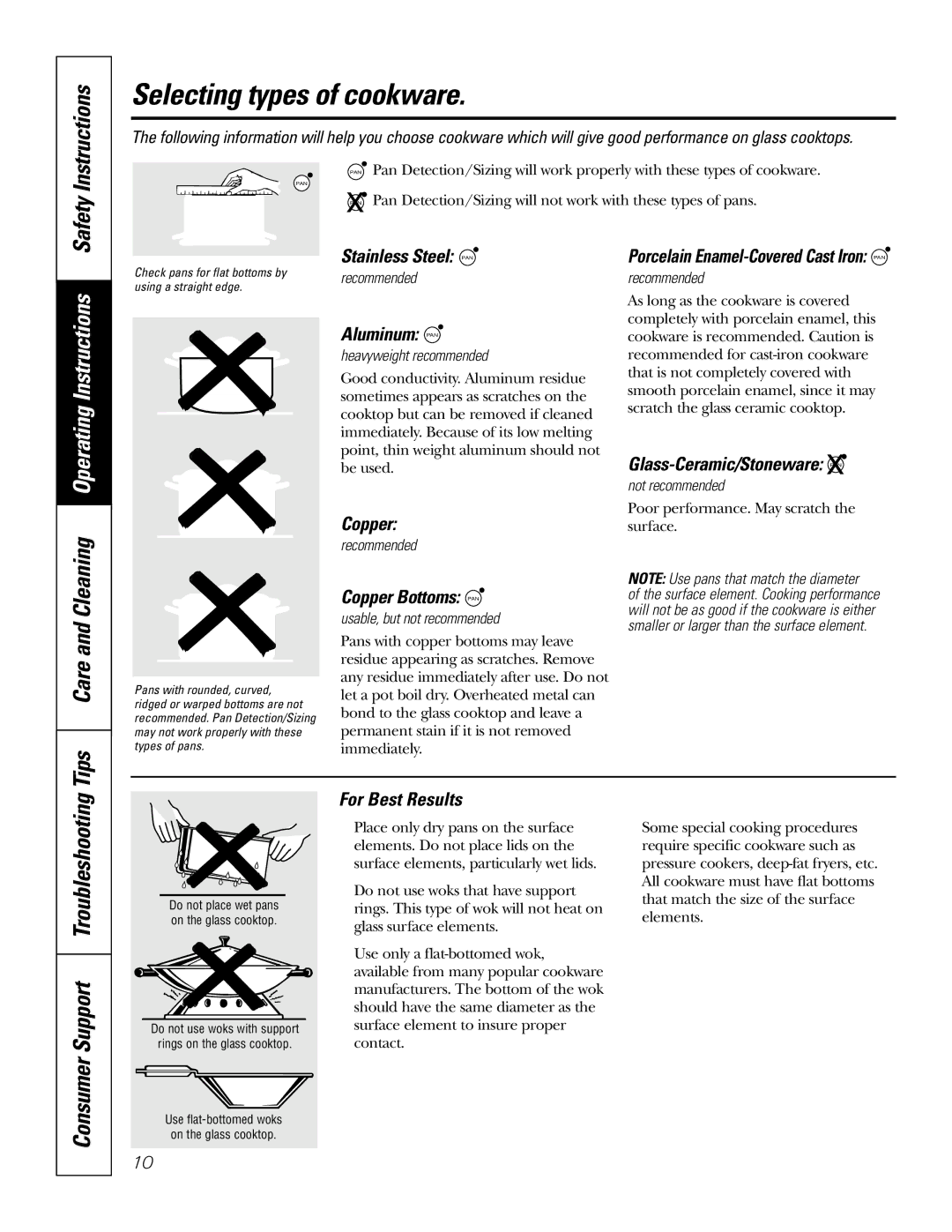 GE JP980, JP950 owner manual Selecting types of cookware, Safety 