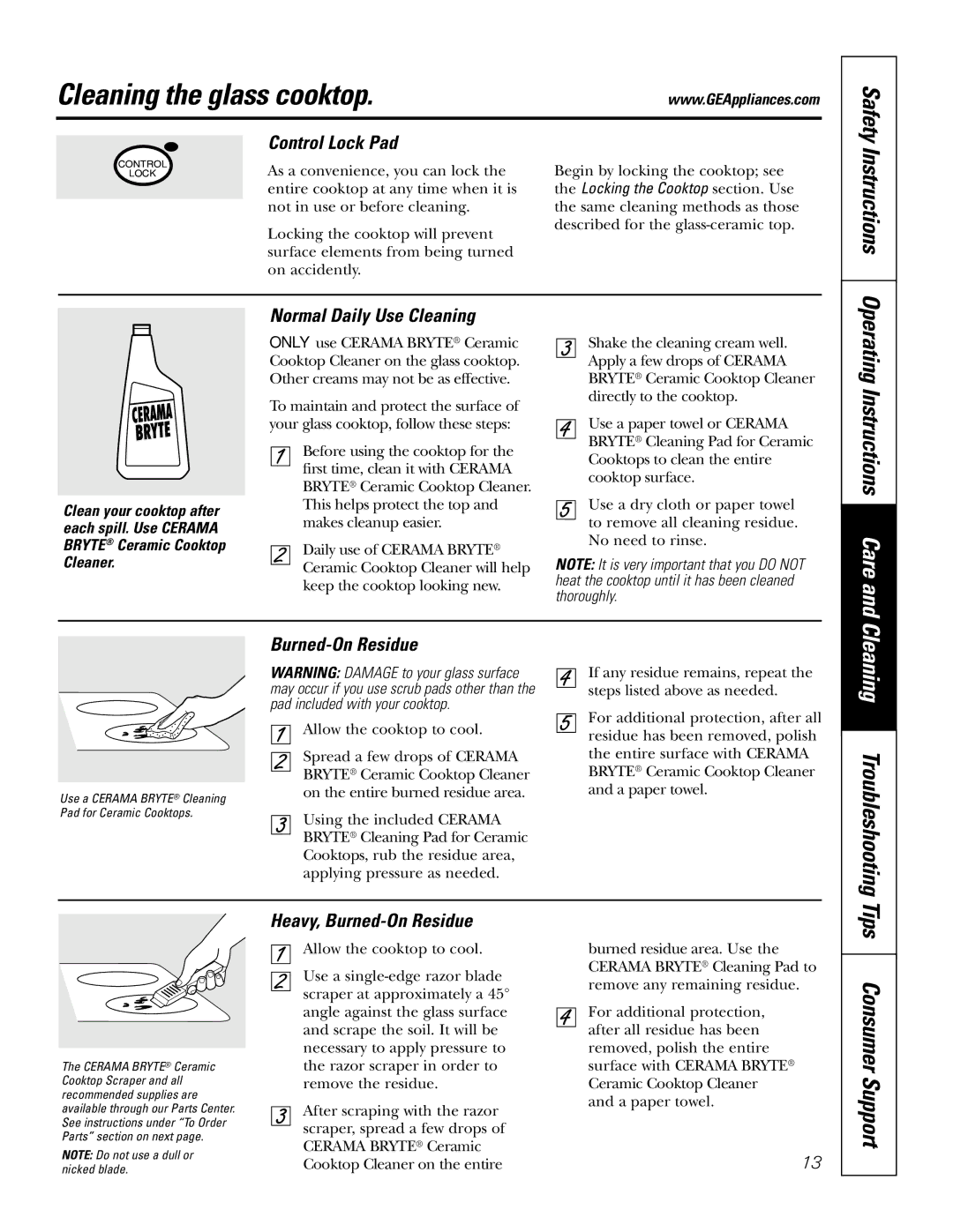 GE JP950, JP980 owner manual Cleaning the glass cooktop, Tips Consumer Support 