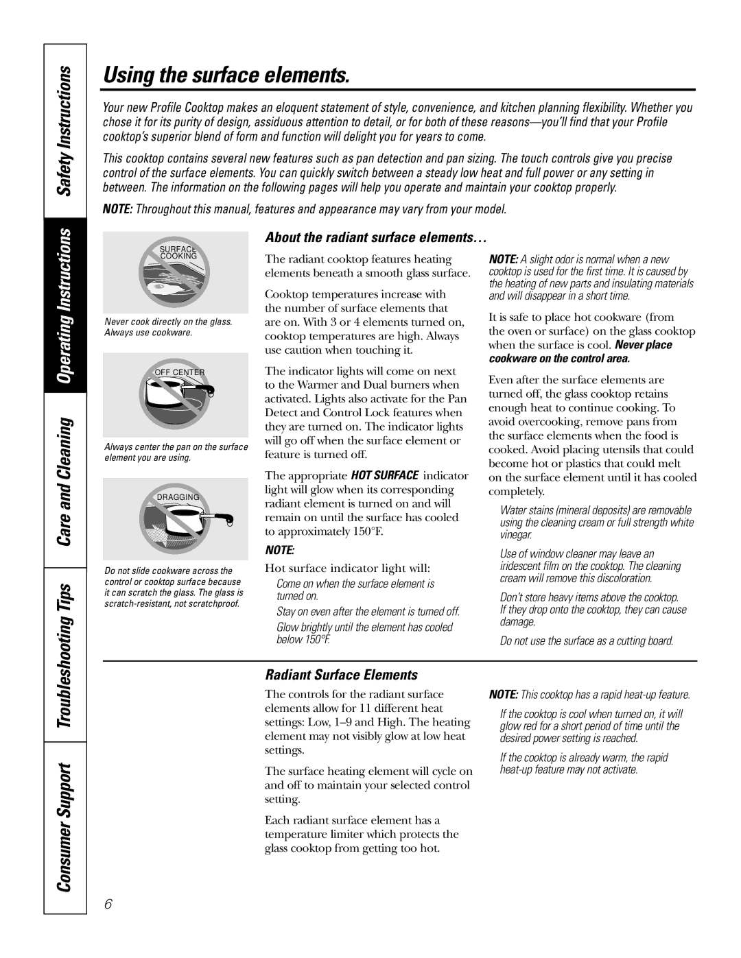 GE JP980, JP950 owner manual Using the surface elements, Safety Instructions, Tips Care and Cleaning Operating Instructions 