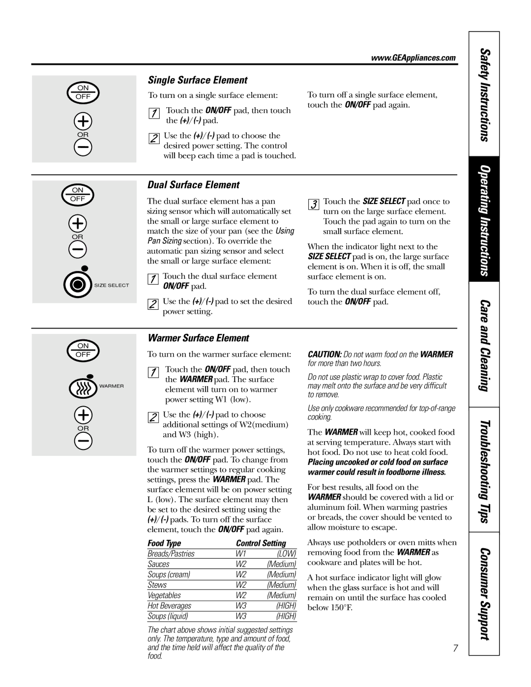 GE JP950, JP980 Instructions, Cleaning Troubleshooting Tips Consumer Support, Single Surface Element, Dual Surface Element 