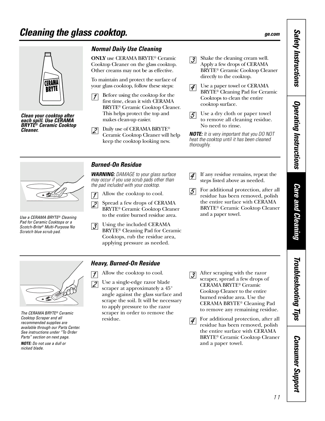 GE JP989SKSS owner manual Cleaning the glass cooktop, Normal Daily Use Cleaning, Heavy, Burned-On Residue 