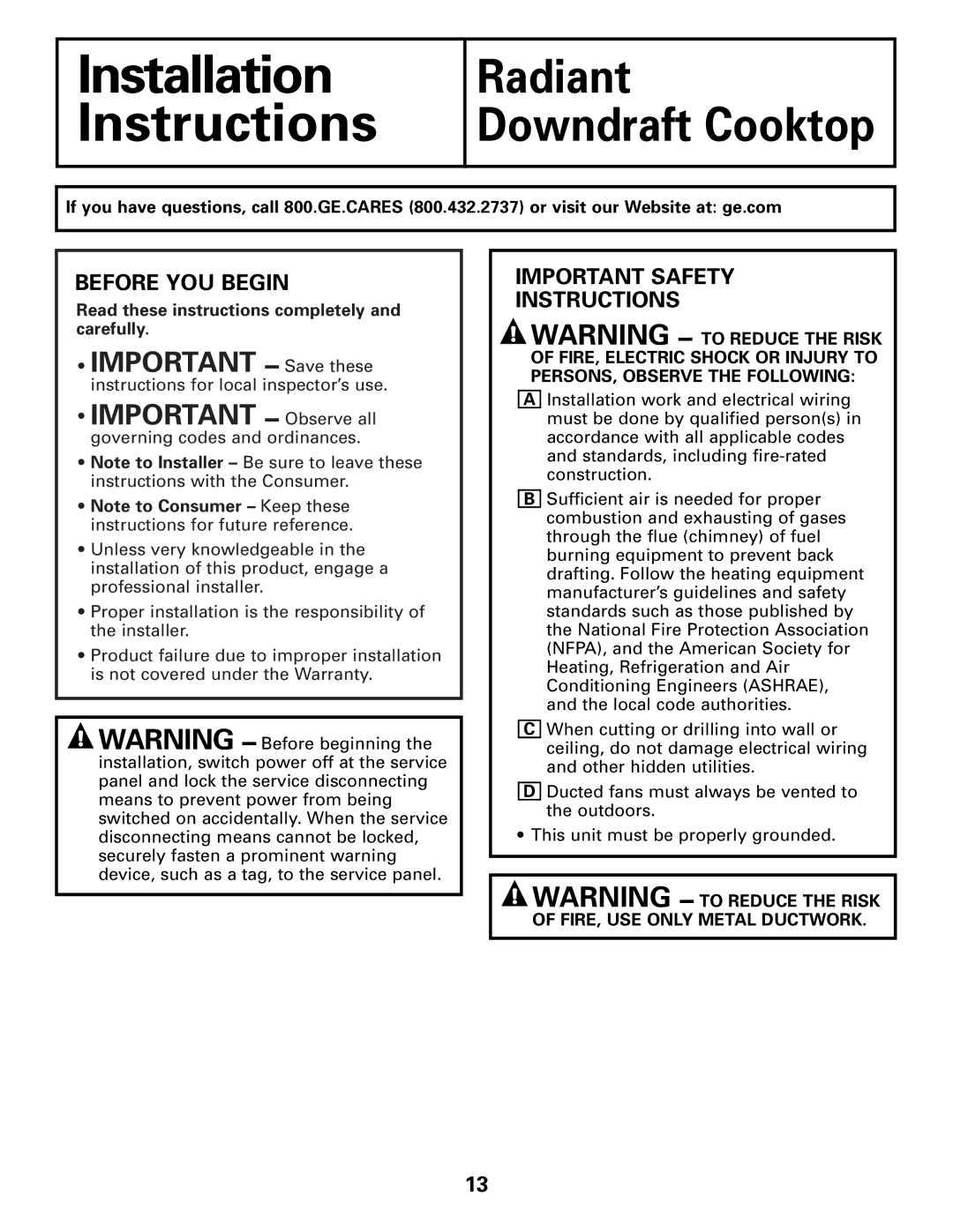 GE JP989SKSS owner manual Before YOU Begin, Important Safety Instructions, Read these instructions completely and carefully 