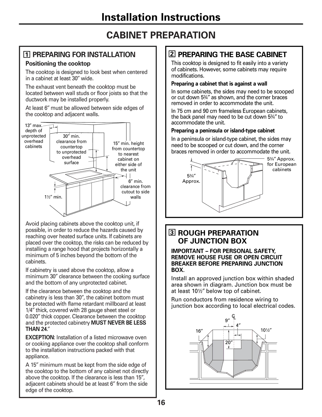 GE JP989SKSS owner manual Cabinet Preparation, Preparing for Installation, Preparing the Base Cabinet 