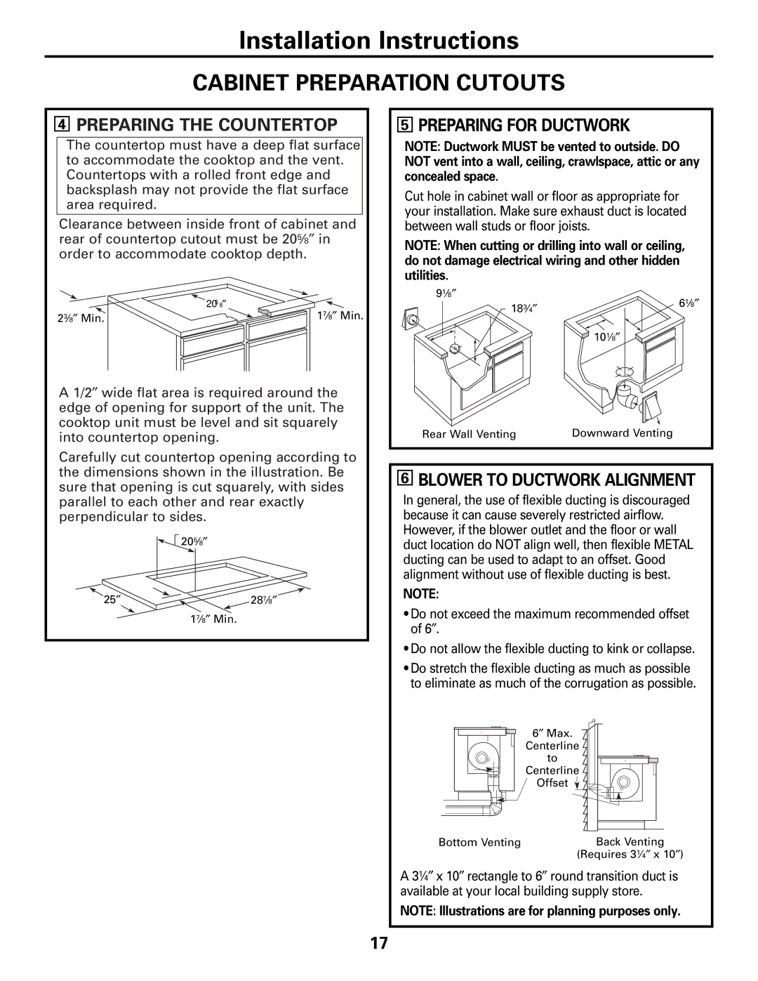GE JP989SKSS Cabinet Preparation Cutouts, Preparing the Countertop, Preparing for Ductwork, Blower to Ductwork Alignment 
