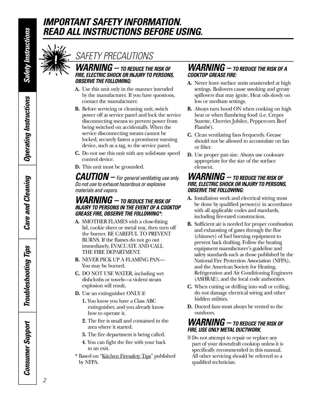 GE JP989SKSS owner manual Safety Precautions 