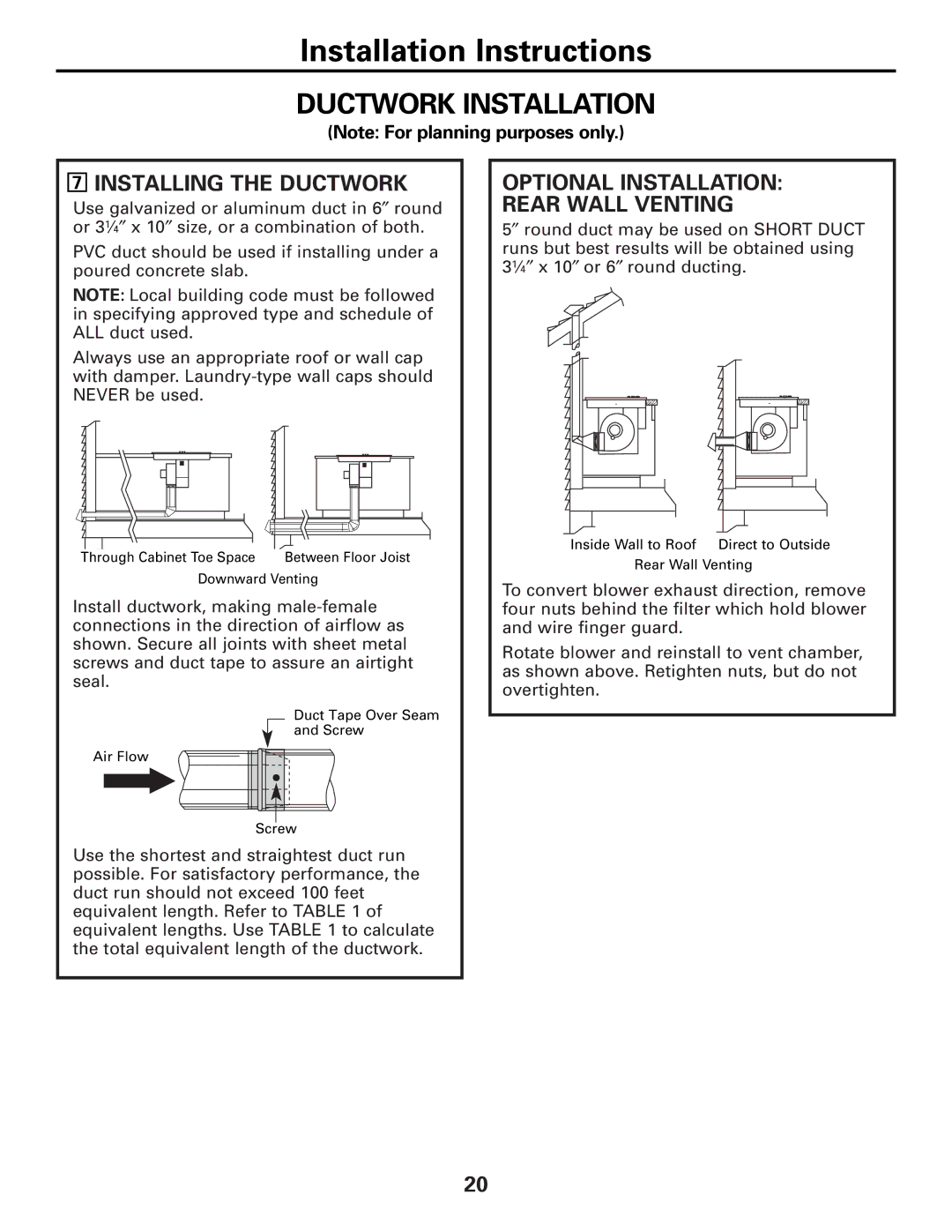 GE JP989SKSS owner manual Ductwork Installation, Installing the Ductwork, Optional Installation Rear Wall Venting 