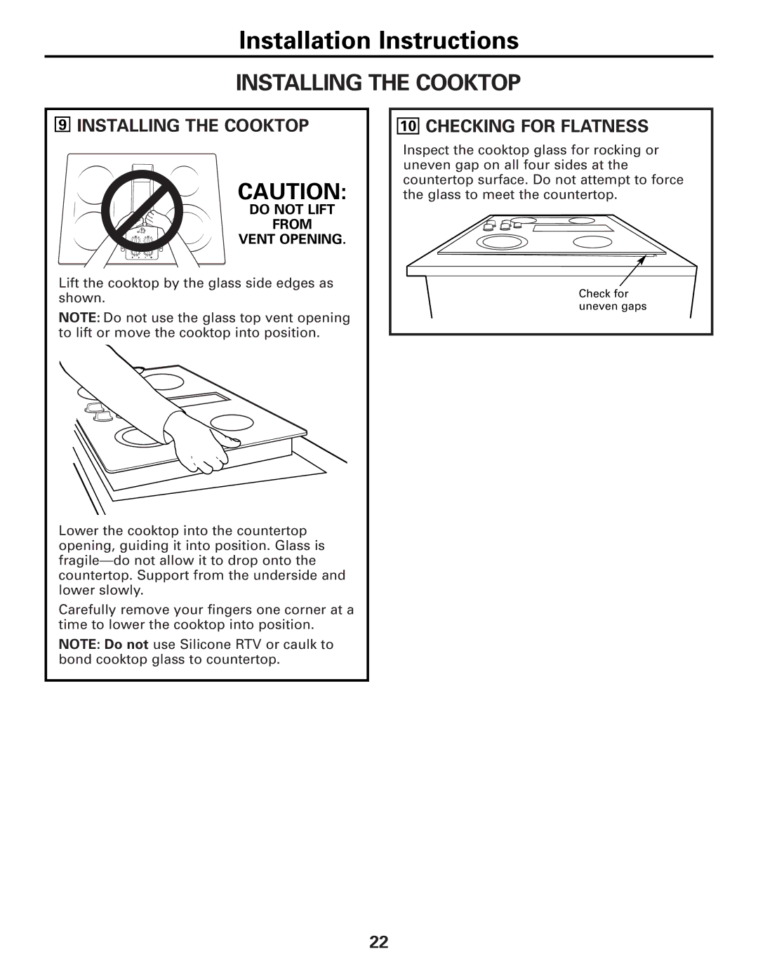 GE JP989SKSS owner manual Installing the Cooktop, Checking for Flatness 