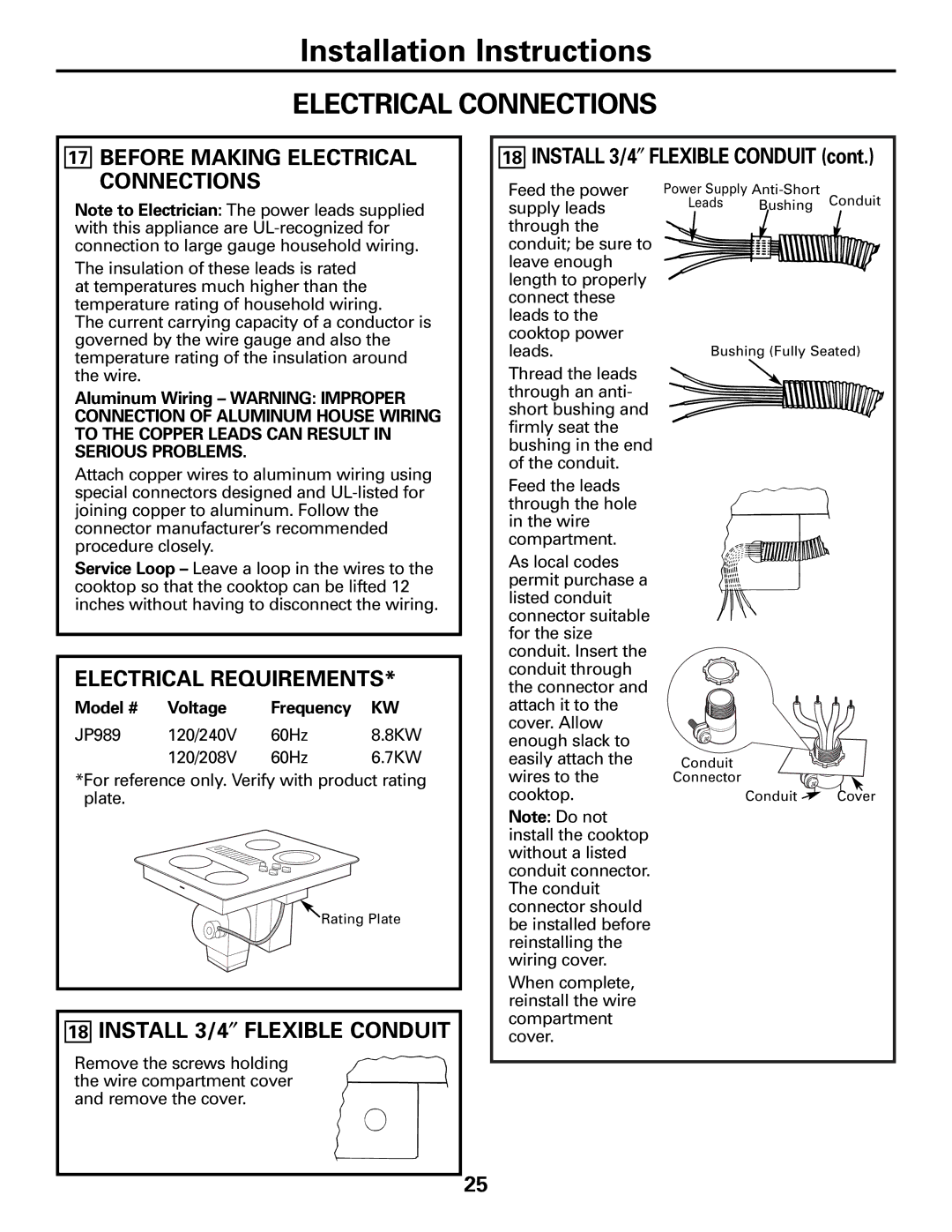 GE JP989SKSS Electrical Connections, Install 3/4″ Flexible Conduit, Before Making Electrical, Model # Voltage Frequency 