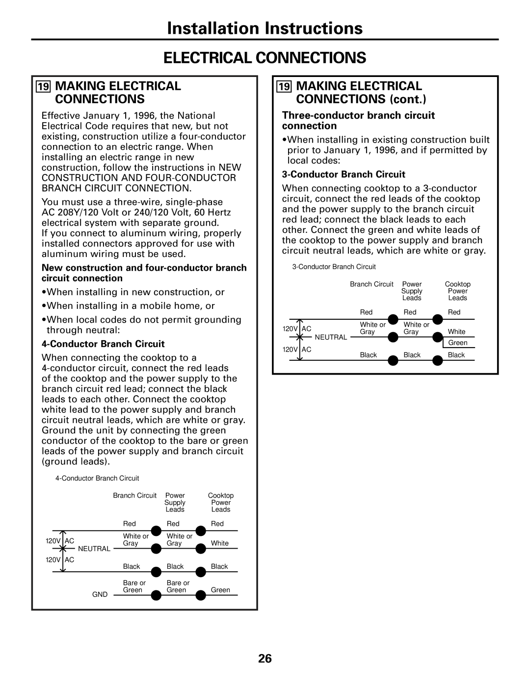 GE JP989SKSS owner manual Making Electrical Connections, Conductor Branch Circuit 