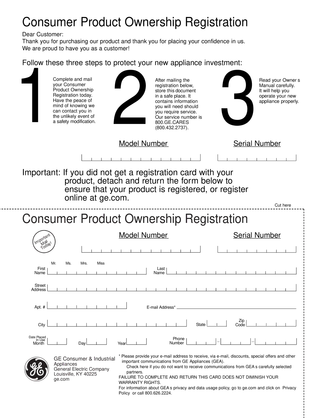 GE JP989SKSS owner manual Consumer Product Ownership Registration 