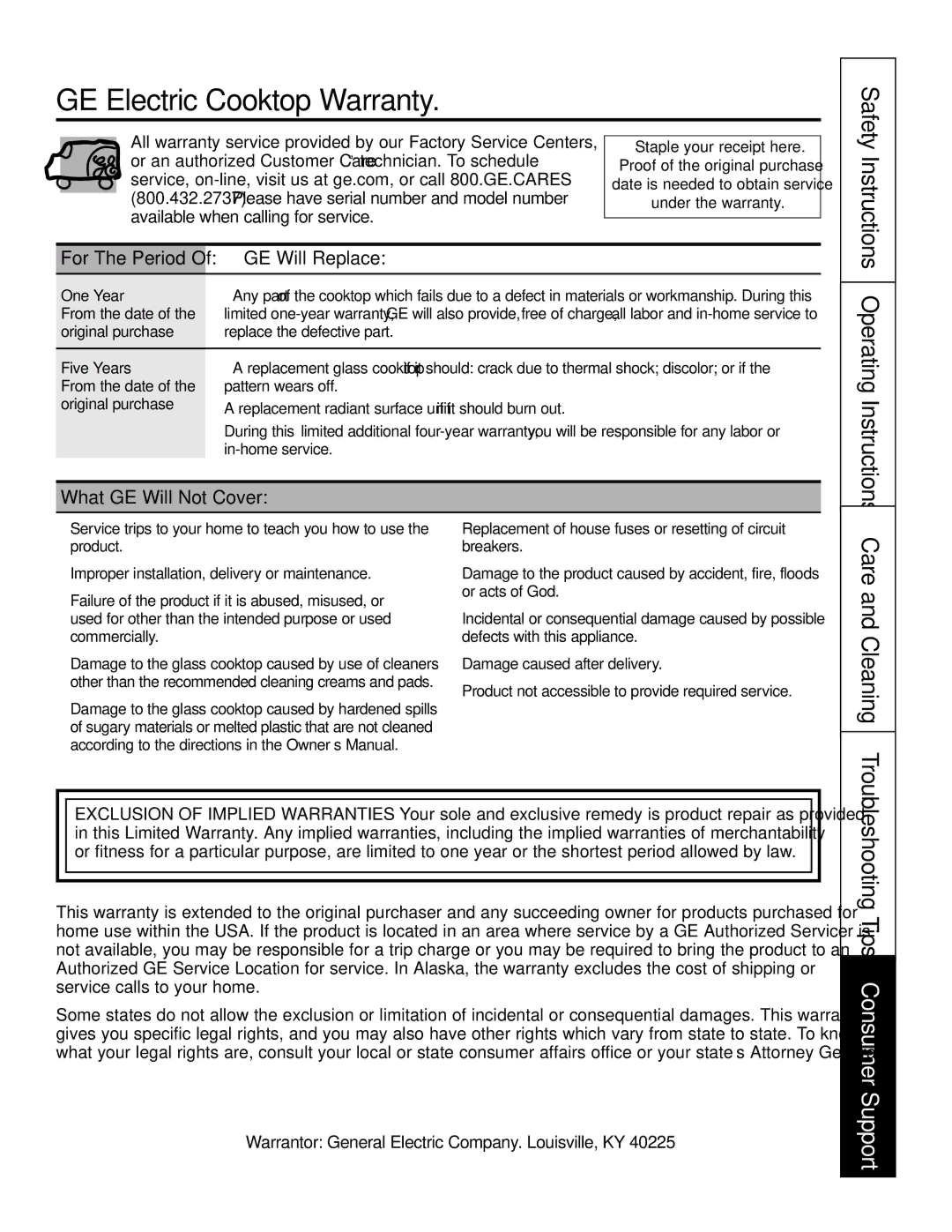 GE JP989SKSS owner manual GE Electric Cooktop Warranty, GE Will Replace, What GE Will Not Cover 