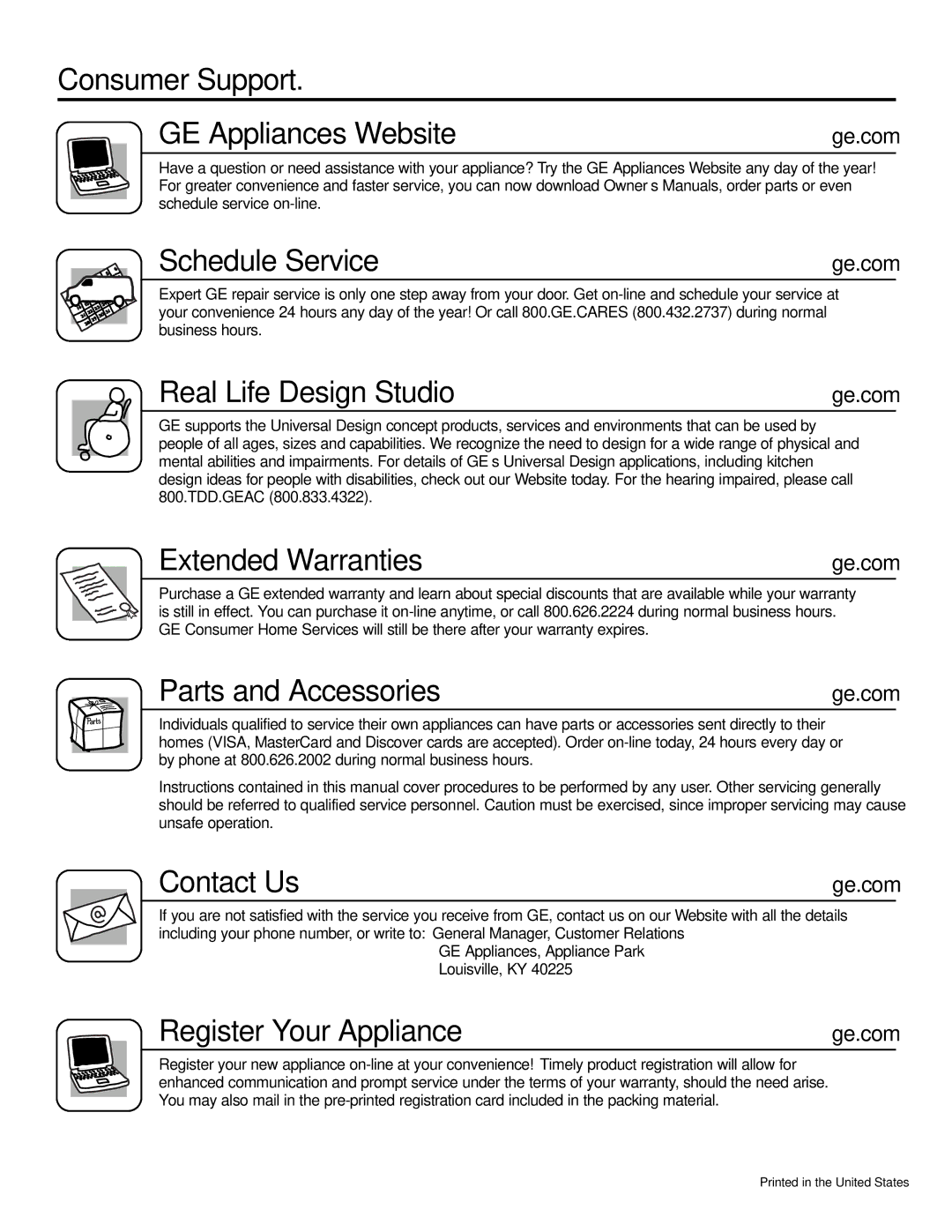 GE JP989SKSS Consumer Support GE Appliances Website, Schedule Service, Real Life Design Studio, Extended Warranties 