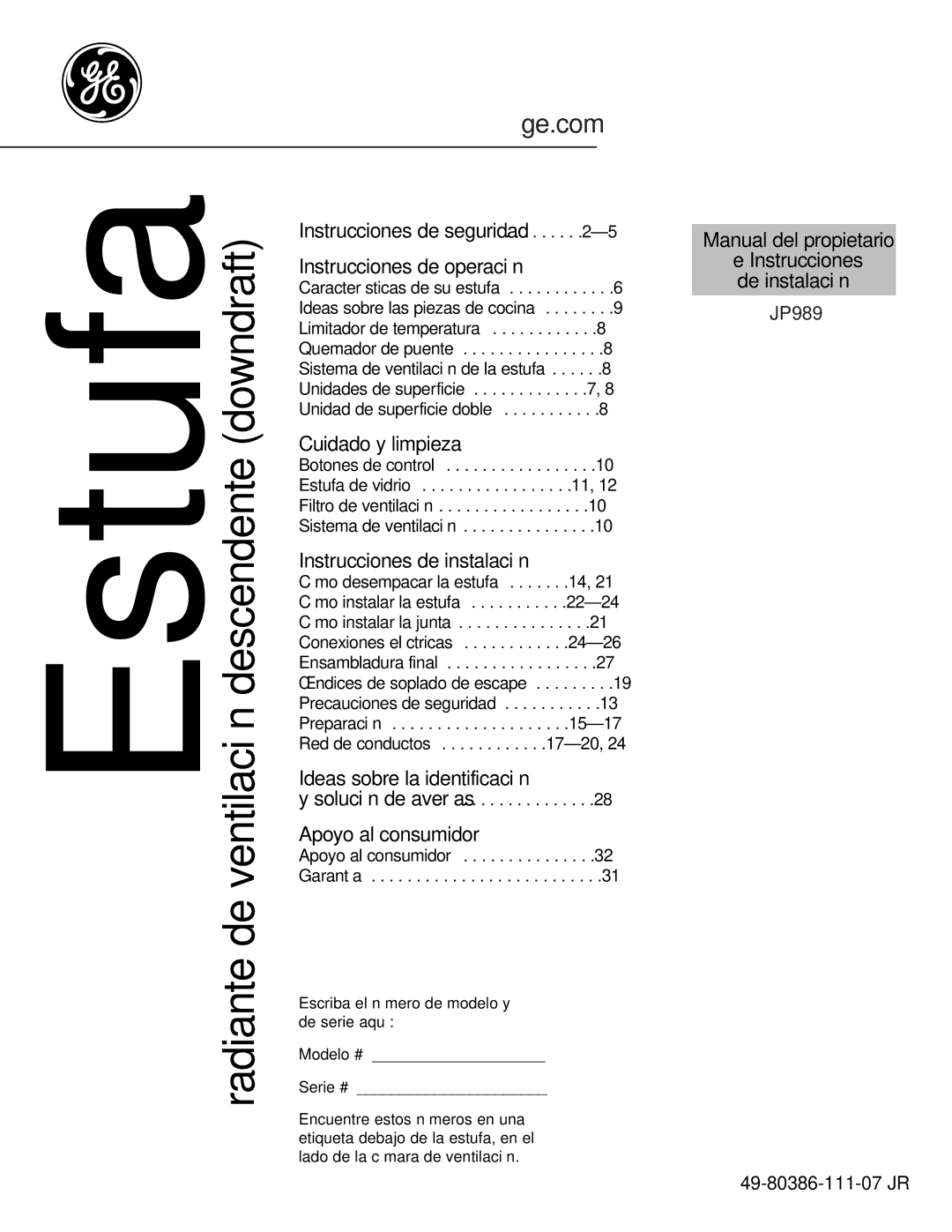 GE JP989SKSS owner manual Estufa radiante de ventilación descendente downdraft 