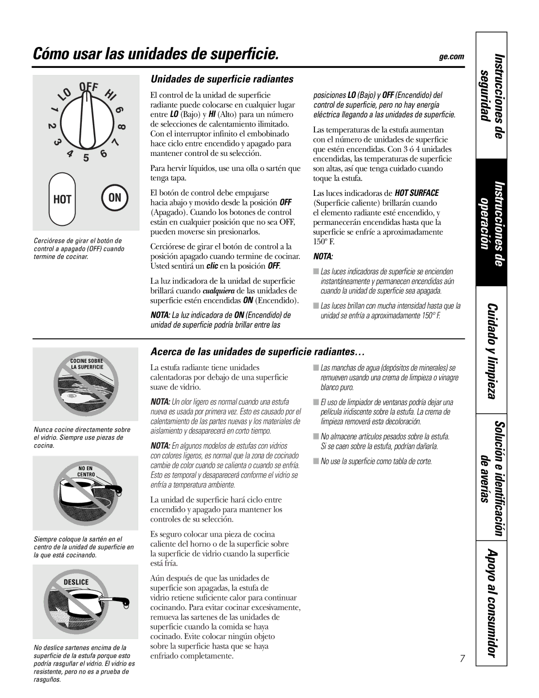 GE JP989SKSS owner manual Cómo usar las unidades de superficie, Unidades de superficie radiantes 