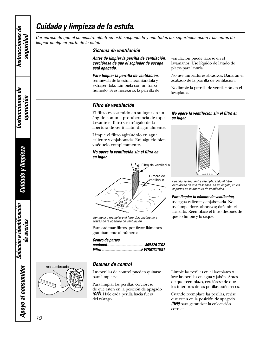 GE JP989SKSS Cuidado y limpieza de la estufa, Sistema de ventilación, Filtro de ventilación, Botones de control 