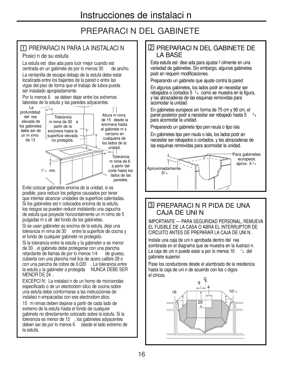 GE JP989SKSS owner manual Preparación DEL Gabinete DE LA Base, Preparación Rápida DE UNA Caja DE Unión 