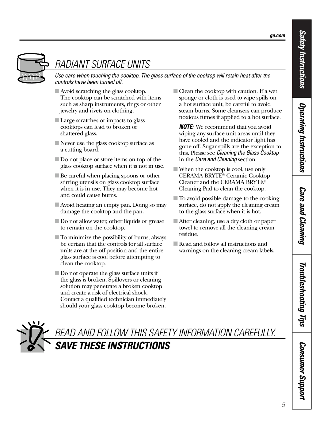 GE JP989SKSS owner manual Radiant Surface Units 