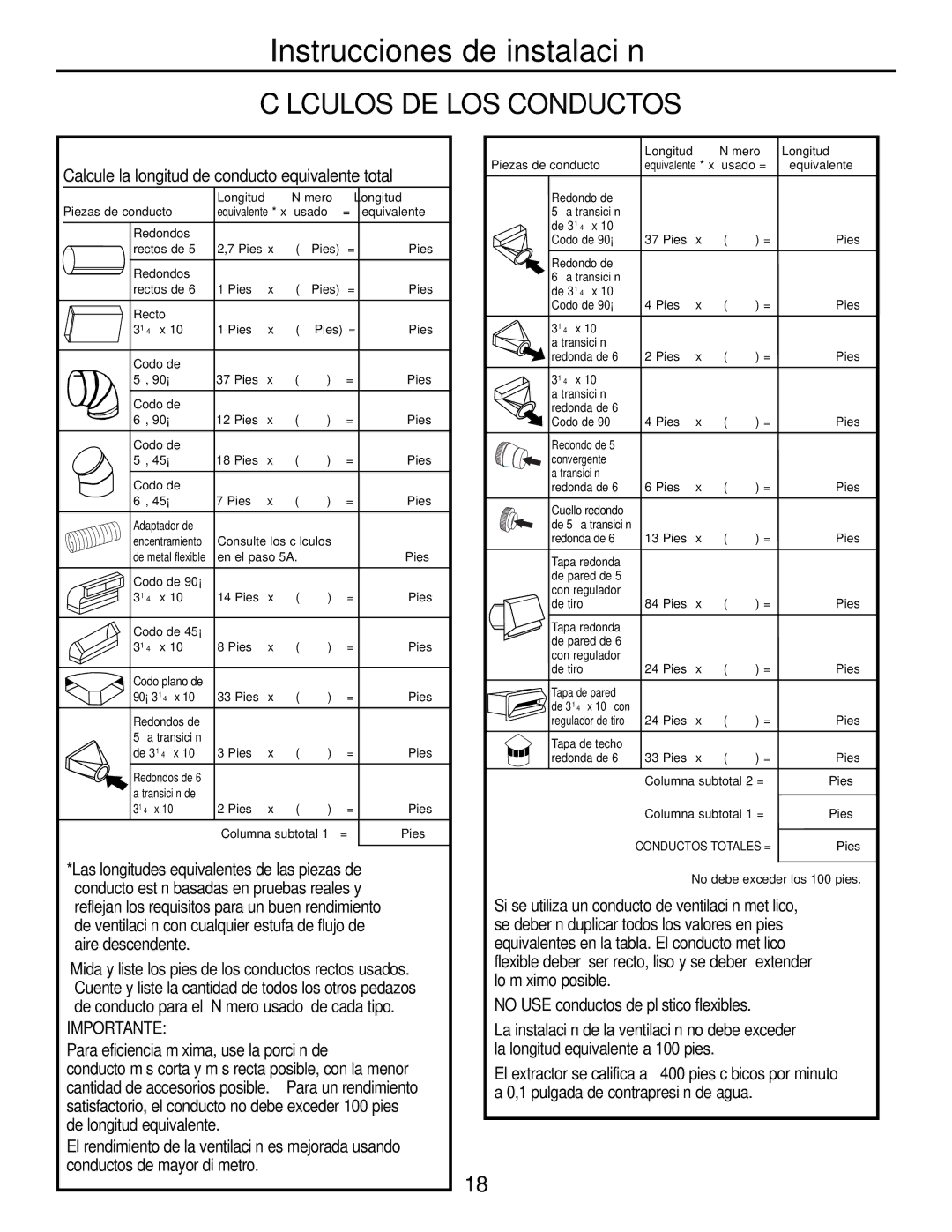 GE JP989SKSS owner manual Cálculos DE LOS Conductos, No USE conductos de plástico flexibles 