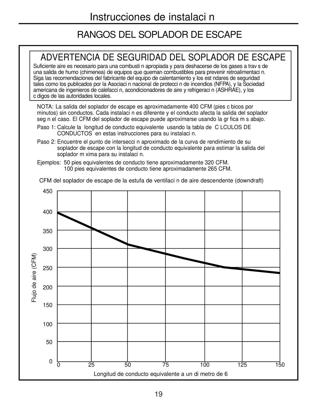 GE JP989SKSS owner manual De aire, Flujo, Longitud de conducto equivalente a un diámetro de 