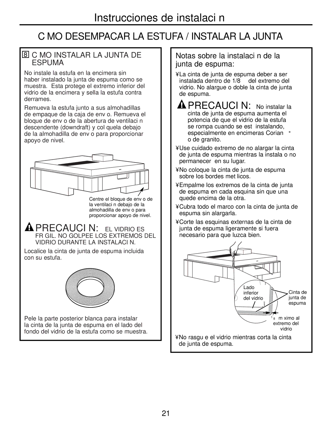 GE JP989SKSS Cómo Desempacar LA Estufa / Instalar LA Junta, Precaución EL Vidrio ES, Cómo Instalar LA Junta DE Espuma 