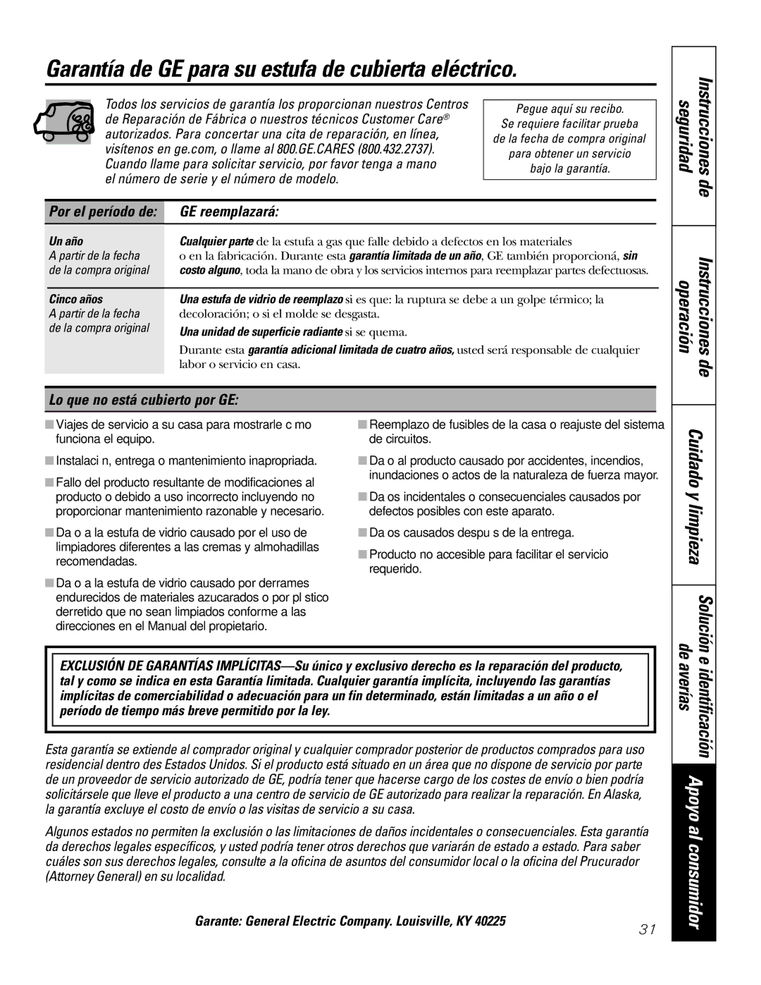GE JP989SKSS Garantía de GE para su estufa de cubierta eléctrico, GE reemplazará, Lo que no está cubierto por GE 