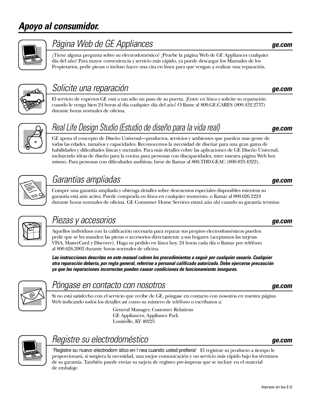 GE JP989SKSS owner manual Apoyo al consumidor Página Web de GE Appliances, Solicite una reparación, Garantías ampliadas 