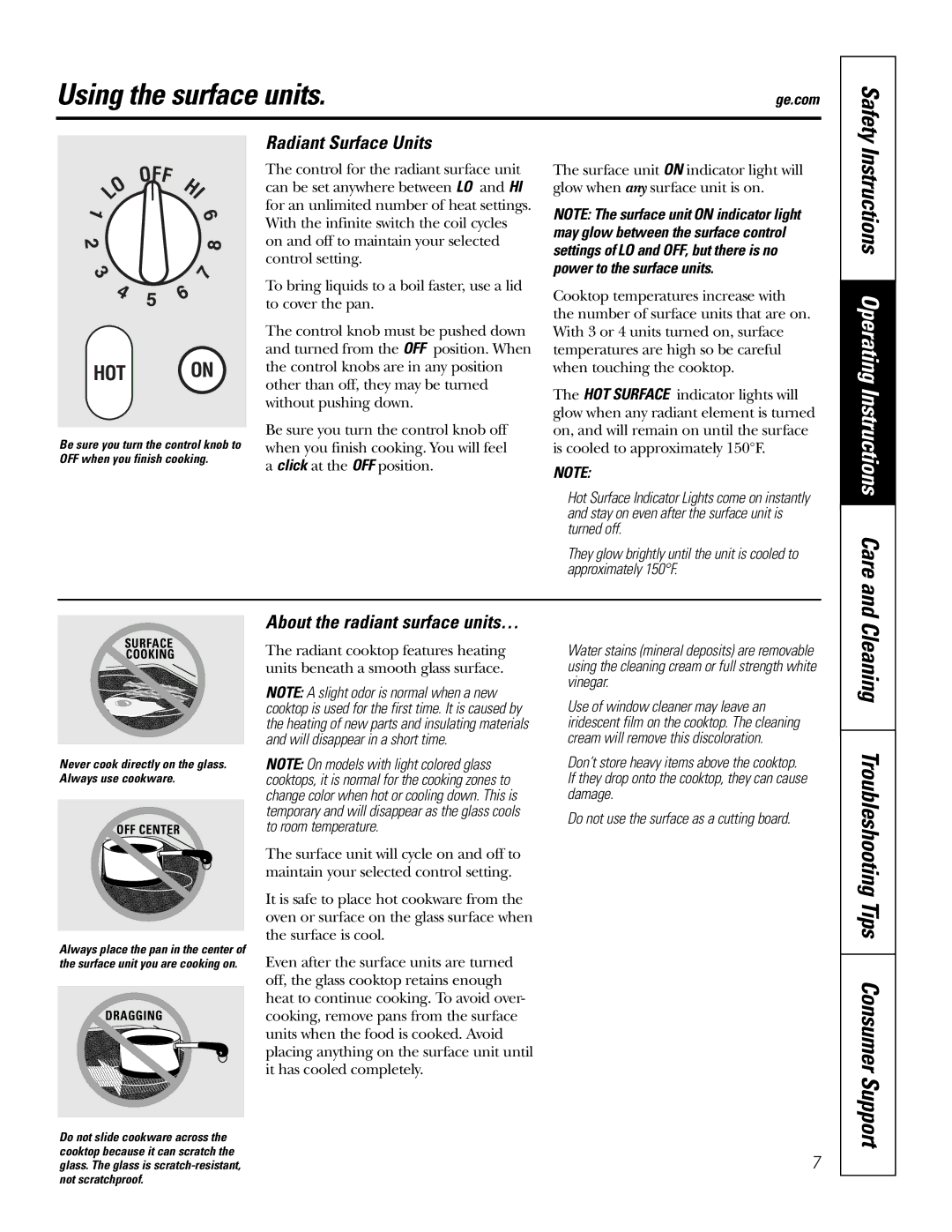 GE JP989SKSS owner manual Using the surface units, Radiant Surface Units 