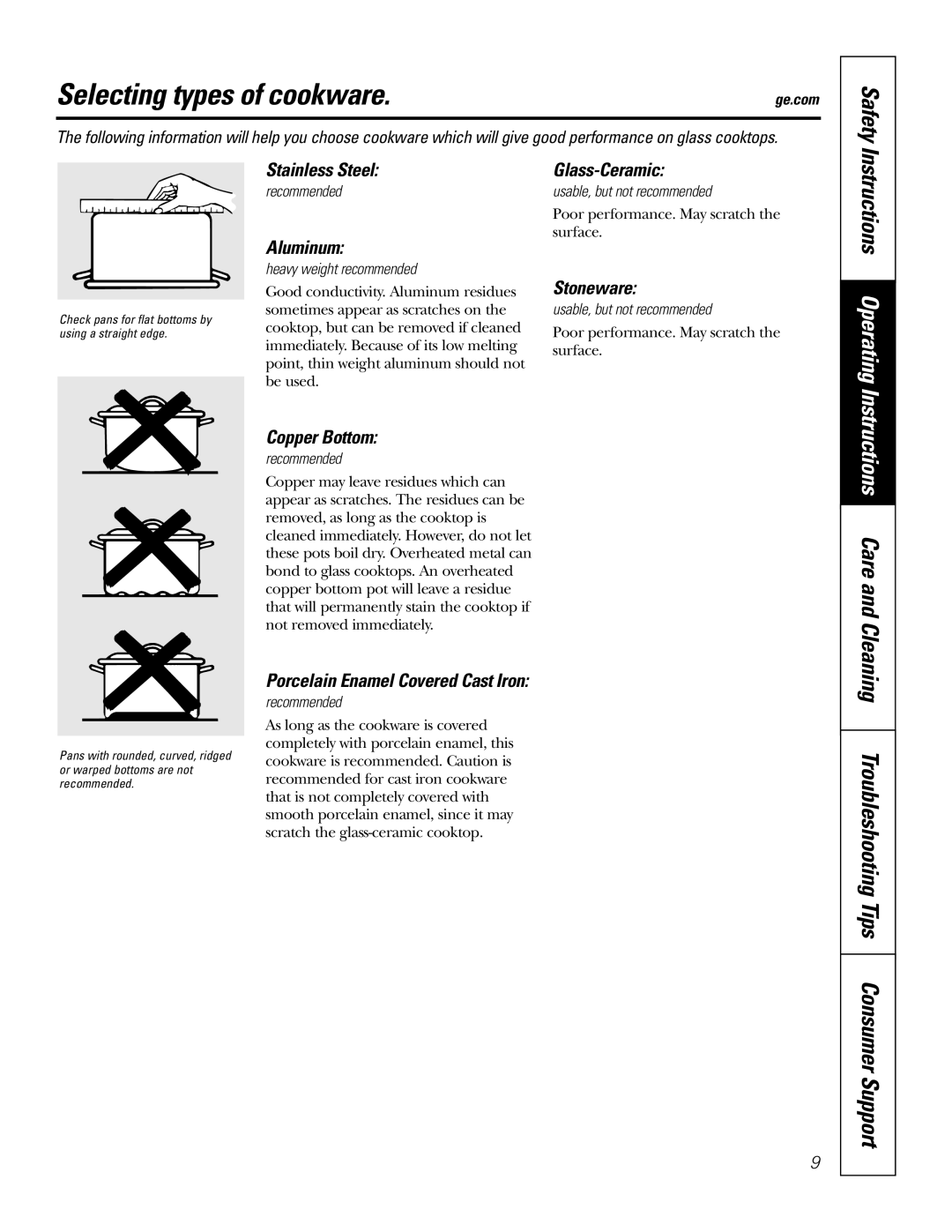 GE JP989SKSS owner manual Selecting types of cookware 