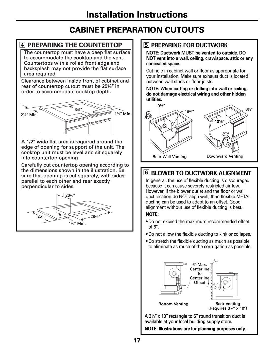 GE JP989SKSS Cabinet Preparation Cutouts, 4PREPARING THE COUNTERTOP, 5PREPARING FOR DUCTWORK, Installation Instructions 