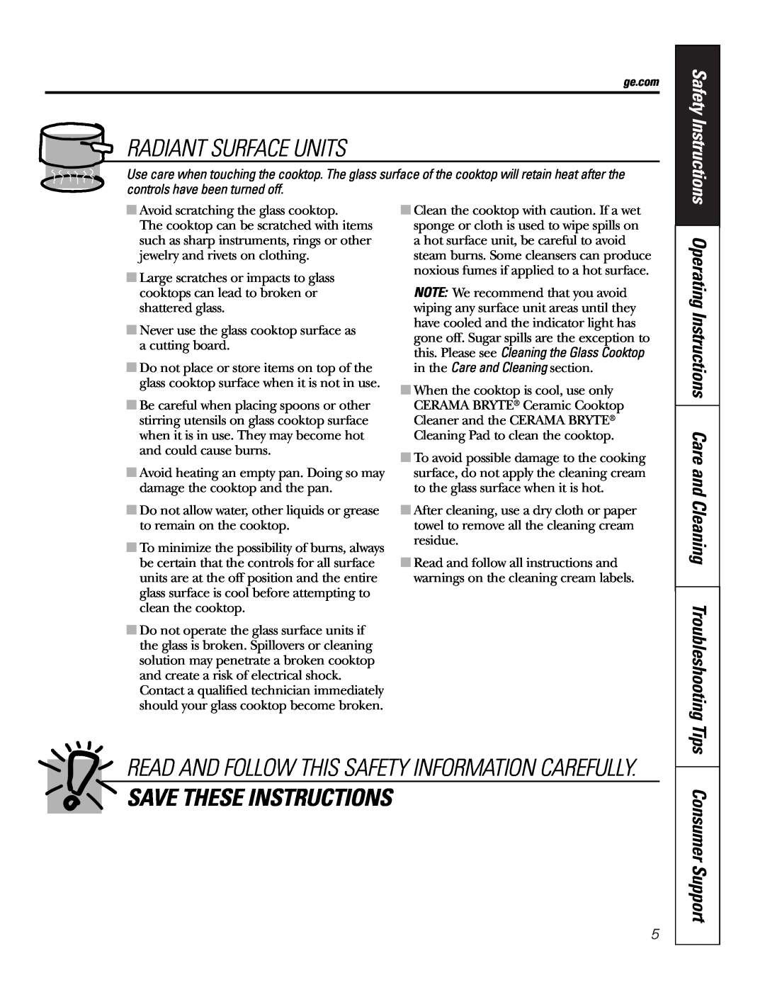 GE JP989SKSS owner manual Radiant Surface Units, Save These Instructions, Safety Instructions, Consumer Support 