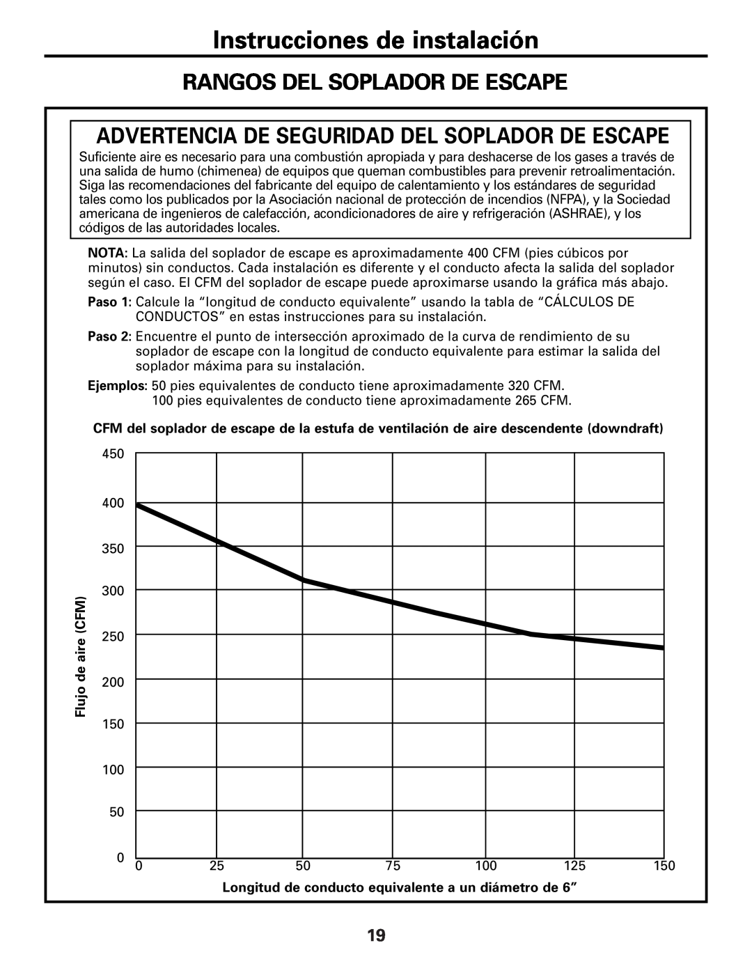GE JP989SKSS owner manual Rangos Del Soplador De Escape, Advertencia De Seguridad Del Soplador De Escape, de aire, Flujo 