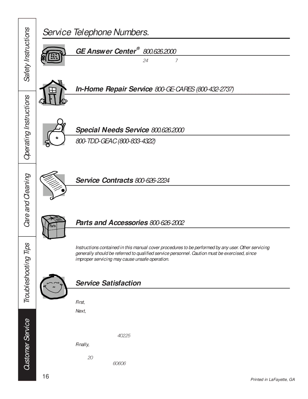 GE JGP626, JPG930, JPG336, JPG636, JPG326, JGP960 owner manual Service Telephone Numbers, GE Answer Center 