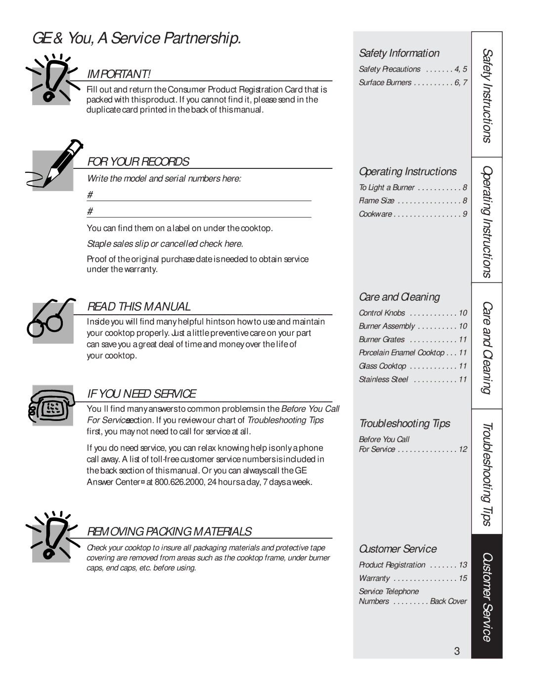 GE JPG326, JPG930, JPG336, JPG636, JGP626, JGP960 owner manual GE & You, a Service Partnership, For Your Records 