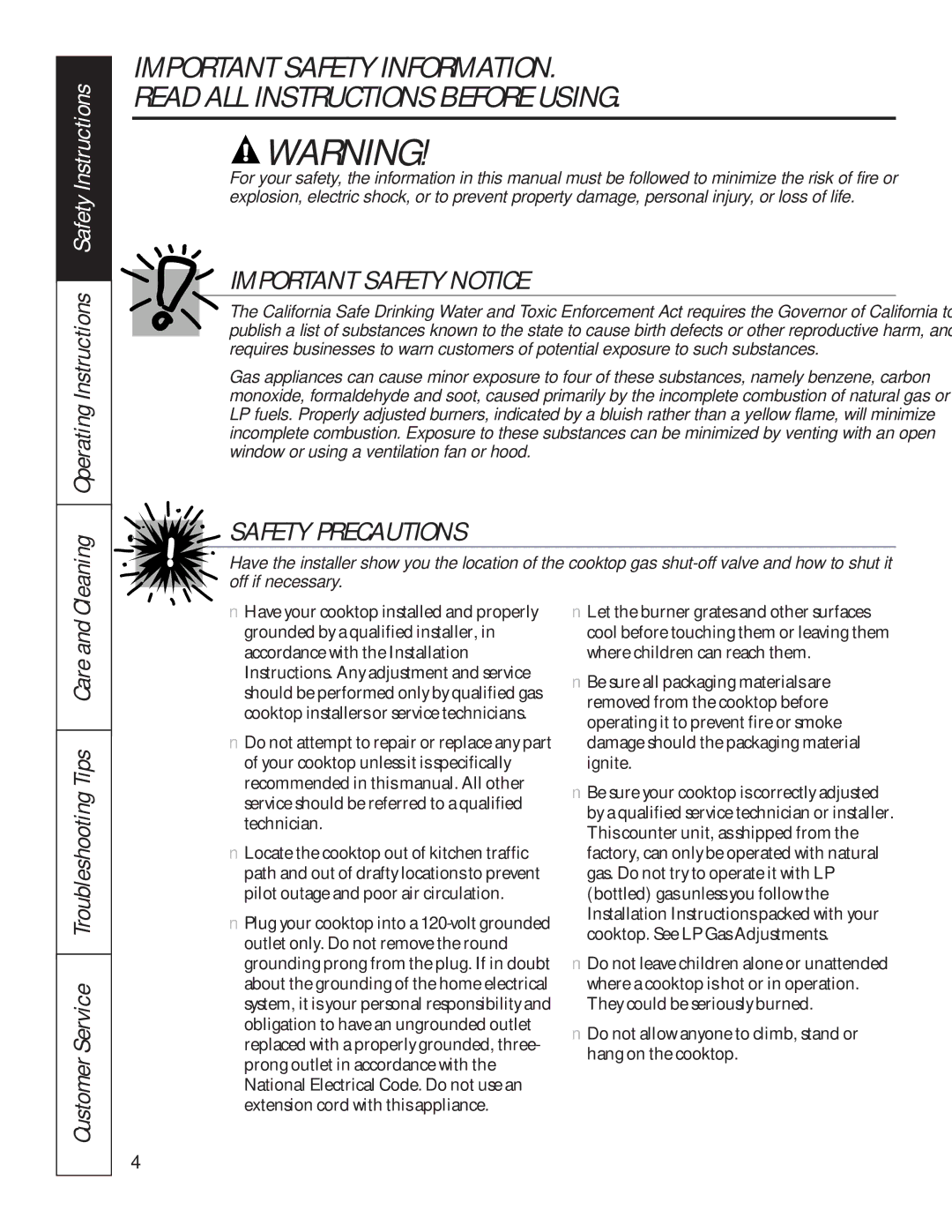 GE JGP626, JPG930, JPG336, JPG636, JPG326, JGP960 owner manual Important Safety Notice 