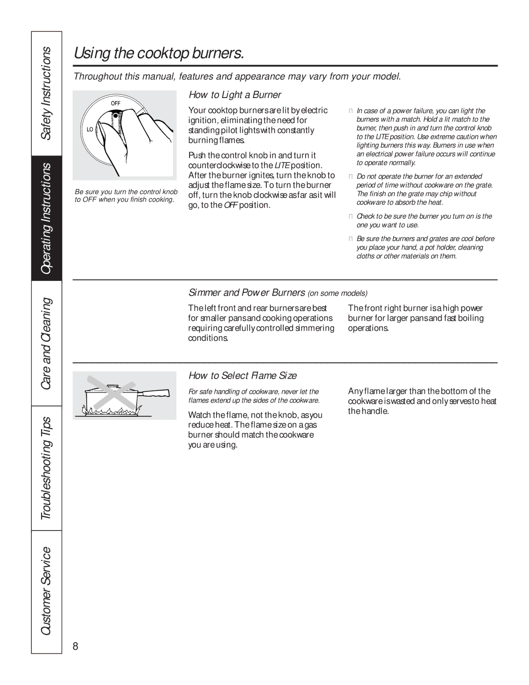 GE JPG636, JPG930, JPG336, JPG326 Using the cooktop burners, How to Light a Burner, Simmer and Power Burners on some models 