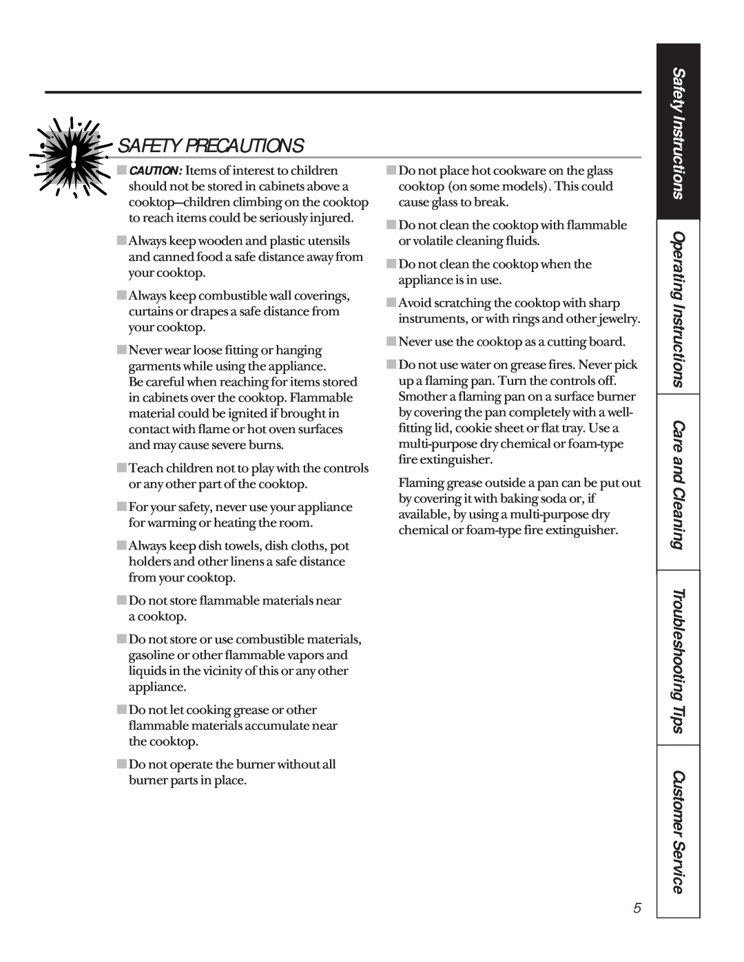 GE JGP960, JPG930, JPG336, JPG636, JPG326, JGP626 Safety Precautions, Do not store flammable materials near a cooktop 