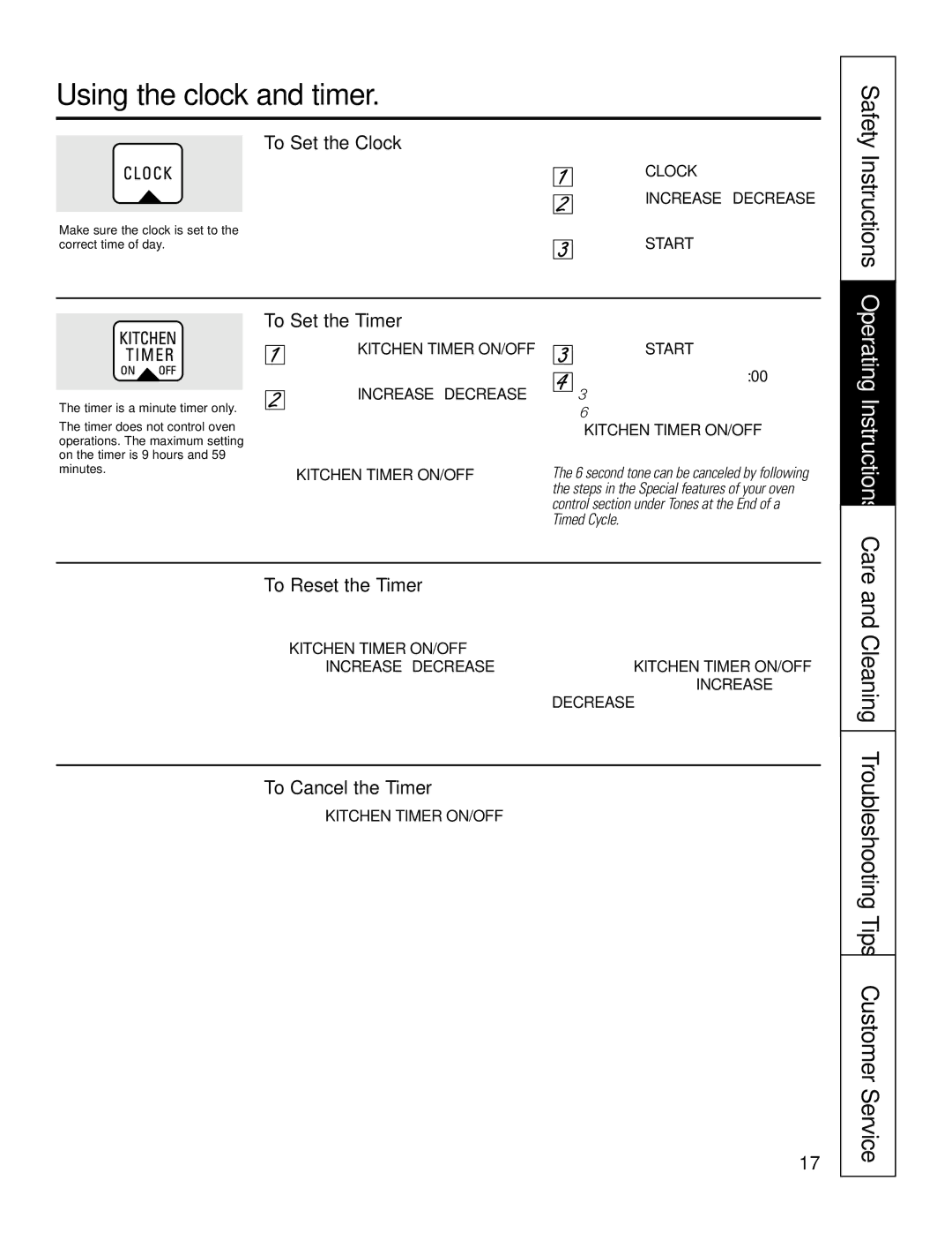 GE JR JGSP22 owner manual Using the clock and timer, Troubleshooting Tips Customer Service 