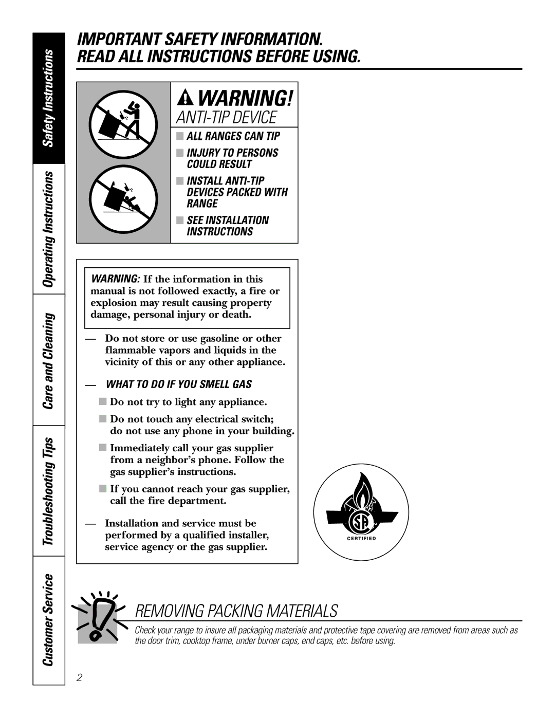 GE JR JGSP22 owner manual ANTI-TIP Device, Removing Packing Materials 