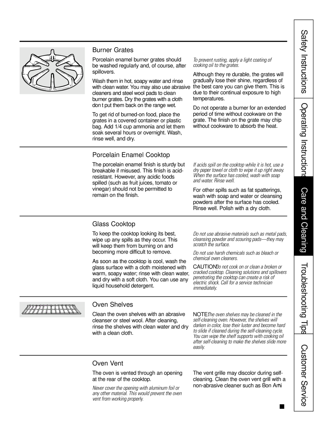 GE JR JGSP22 Safety Instructions Operating, Service, Burner Grates, Porcelain Enamel Cooktop on some models, Oven Shelves 