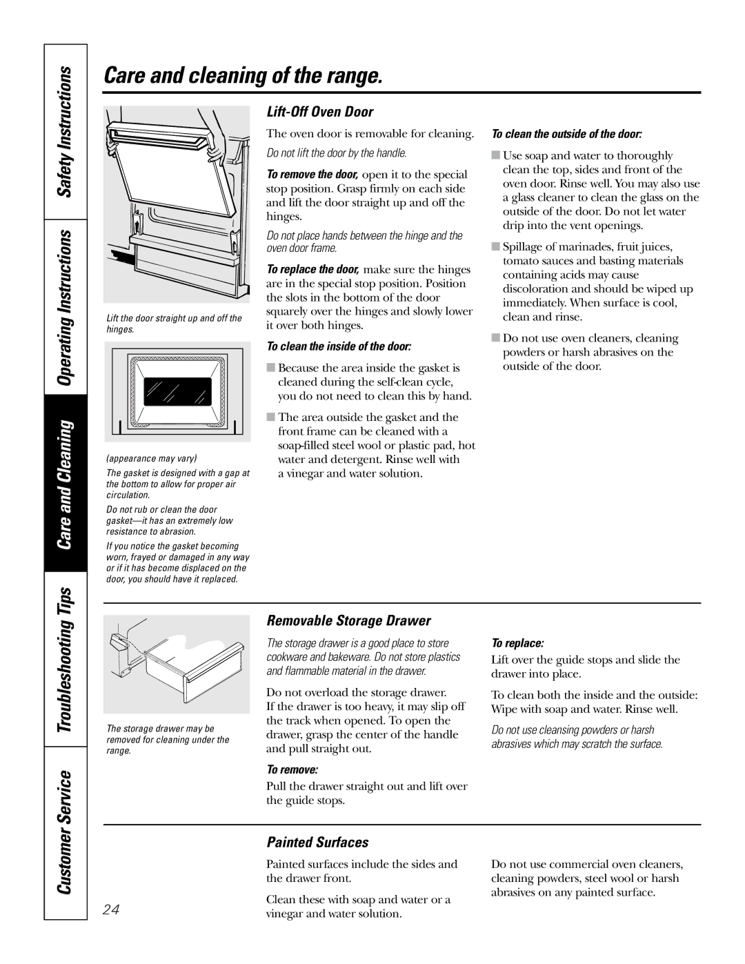 GE JR JGSP22 owner manual Lift-Off Oven Door, Removable Storage Drawer, Painted Surfaces 