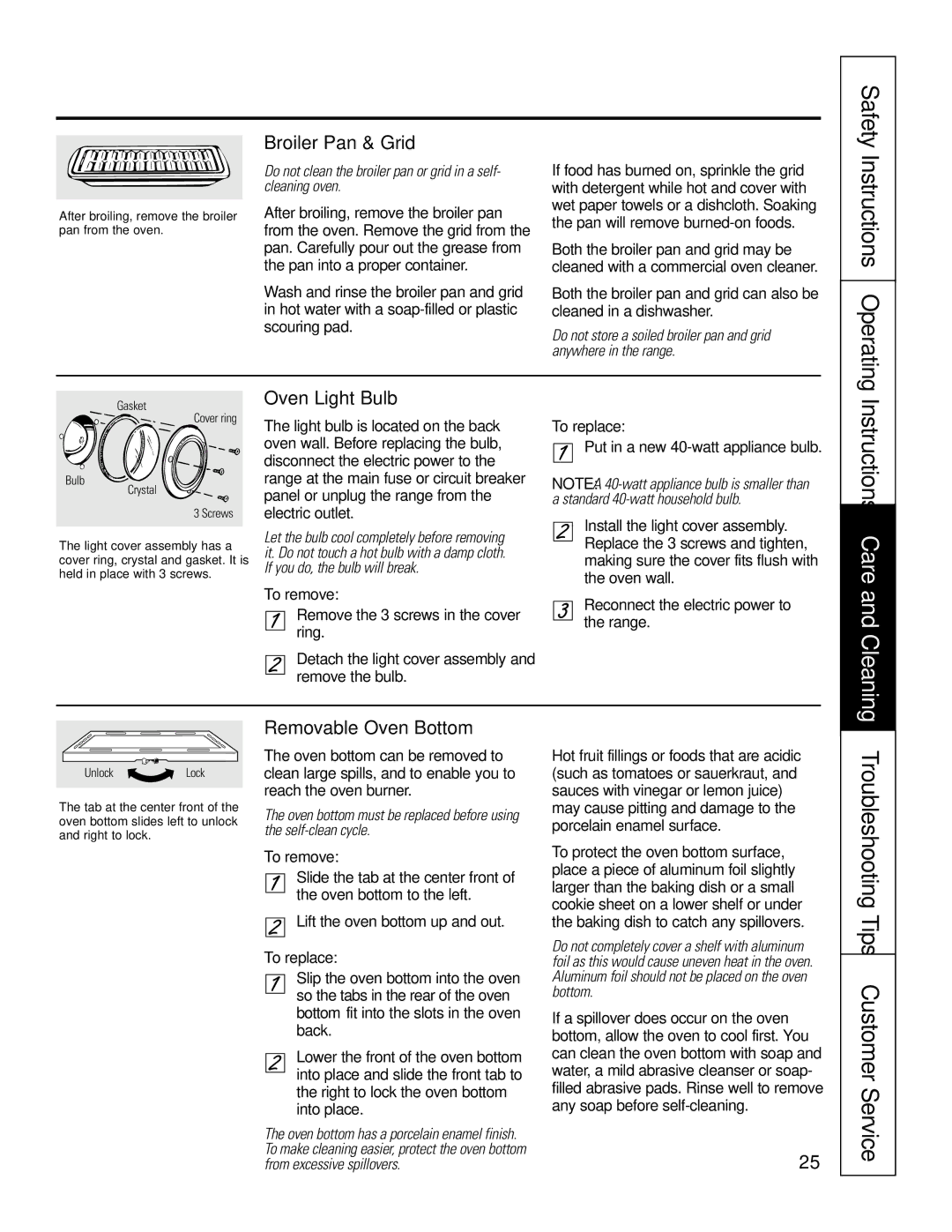 GE JR JGSP22 owner manual Broiler Pan & Grid, Oven Light Bulb, Removable Oven Bottom 