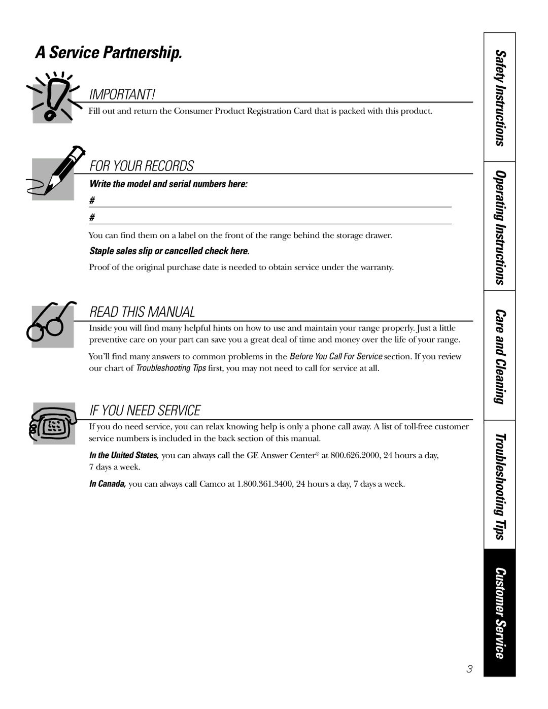 GE JR JGSP22 owner manual Service Partnership, For Your Records 