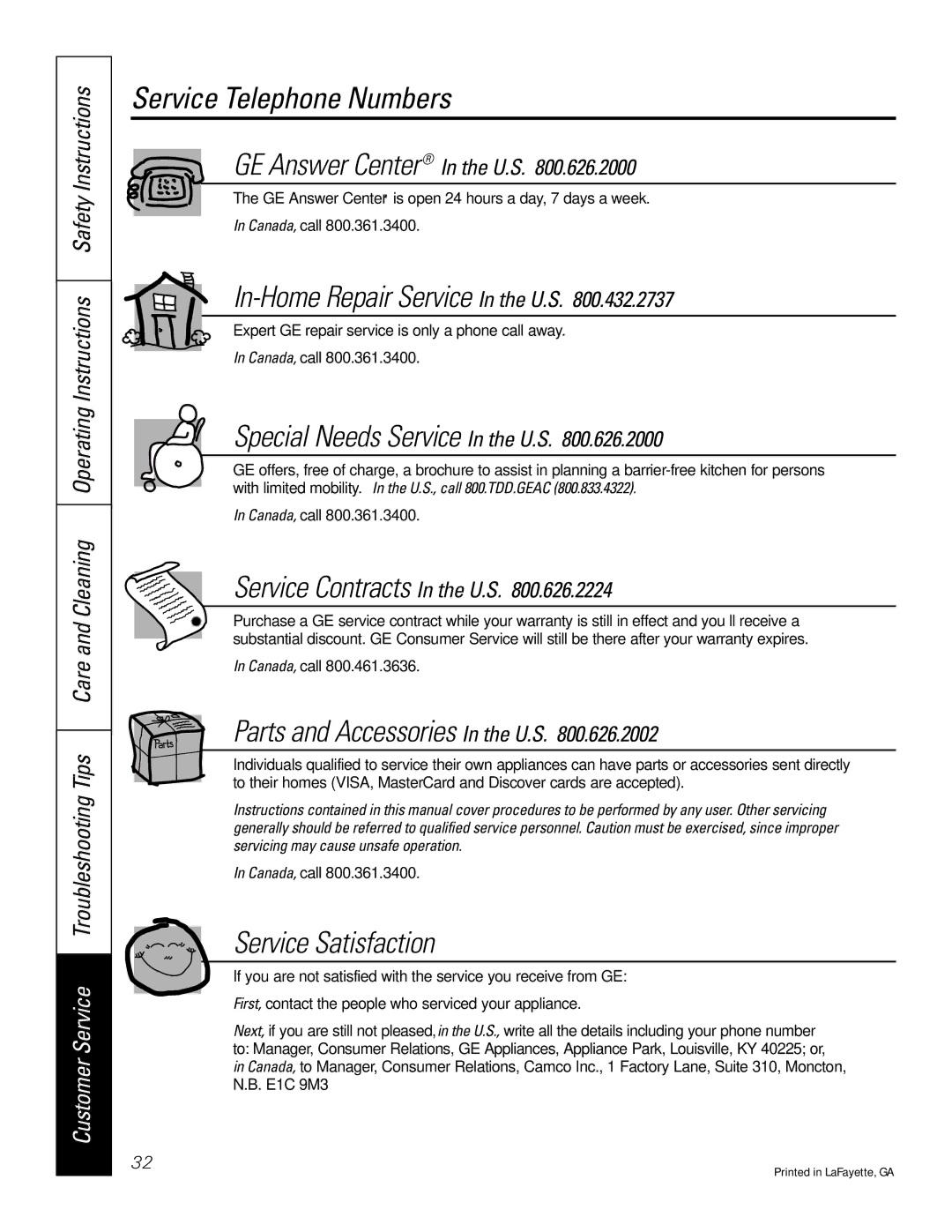 GE JR JGSP22 owner manual Service Telephone Numbers, Special Needs Service In the U.S 