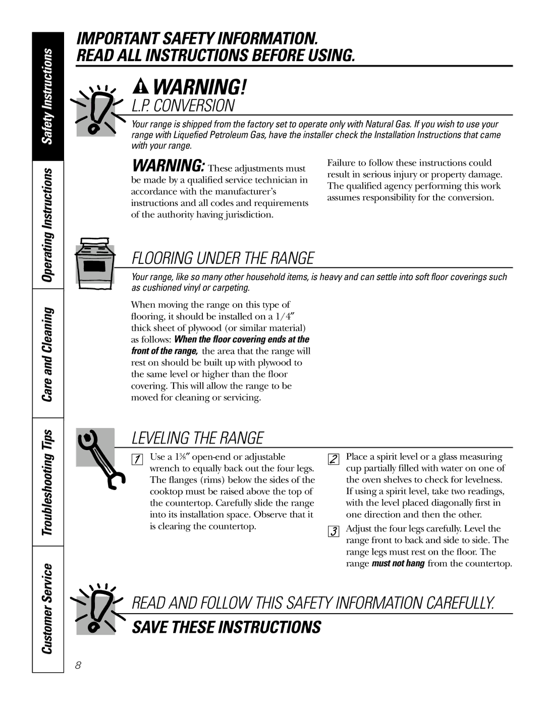 GE JR JGSP22 owner manual Conversion, Flooring Under the Range, Leveling the Range, Service Troubleshooting, Customer 