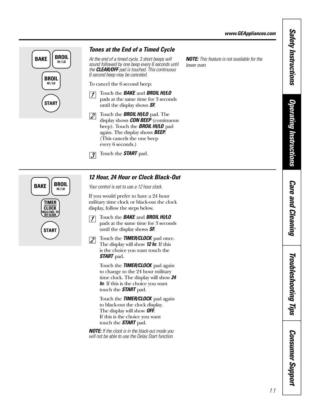 GE JRP 28 Safety, Care and Cleaning Troubleshooting Tips Consumer Support, Tones at the End of a Timed Cycle, Start pad 