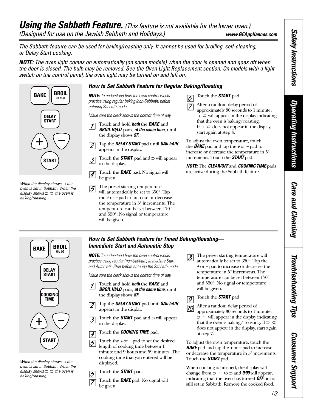 GE JRP 28 owner manual Safety Instructions, How to Set Sabbath Feature for Regular Baking/Roasting 