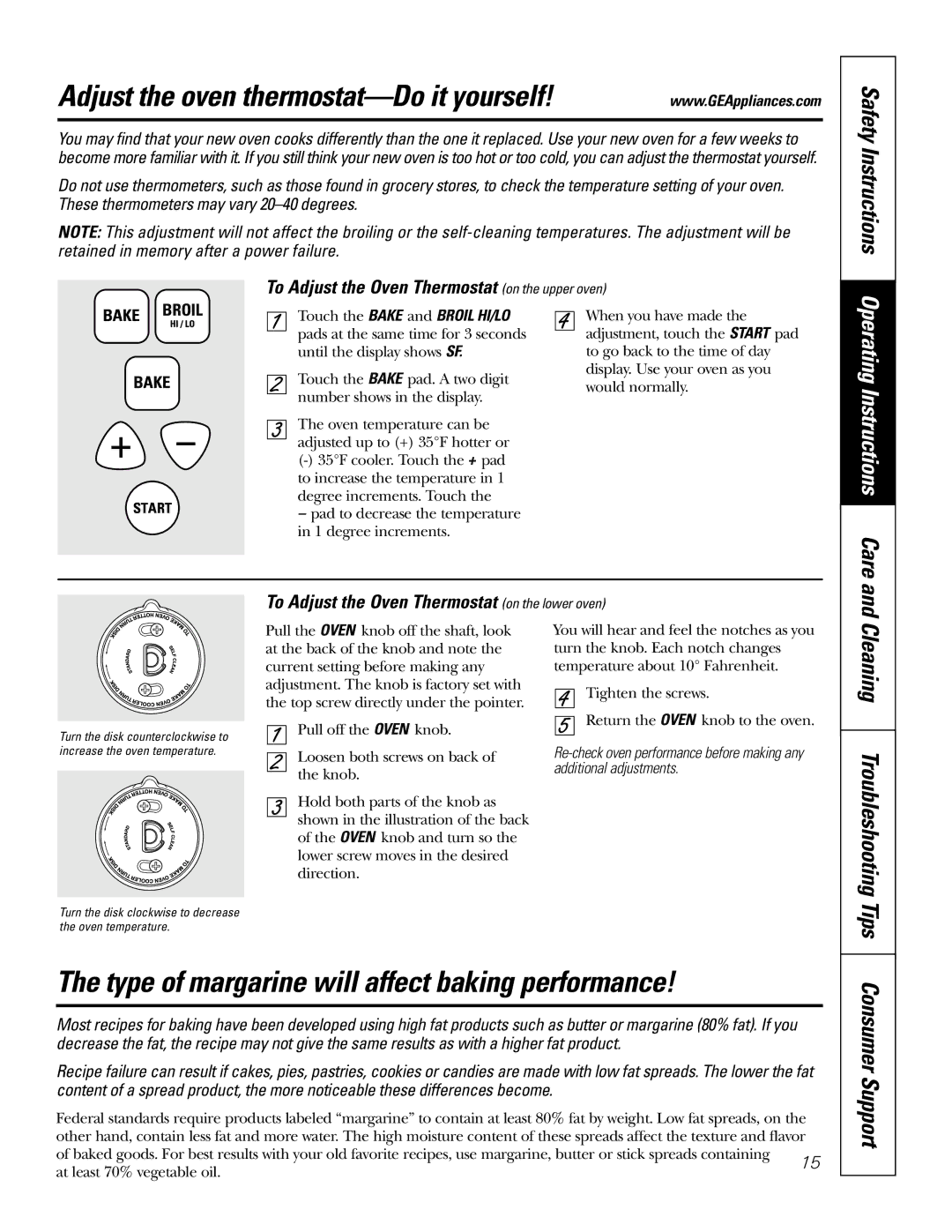 GE JRP 28 owner manual Adjust the oven thermostat-Do it yourself, Type of margarine will affect baking performance 