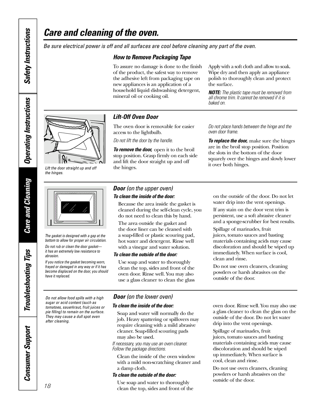 GE JRP 28 owner manual Care and cleaning of the oven, How to Remove Packaging Tape, Lift-Off Oven Door 