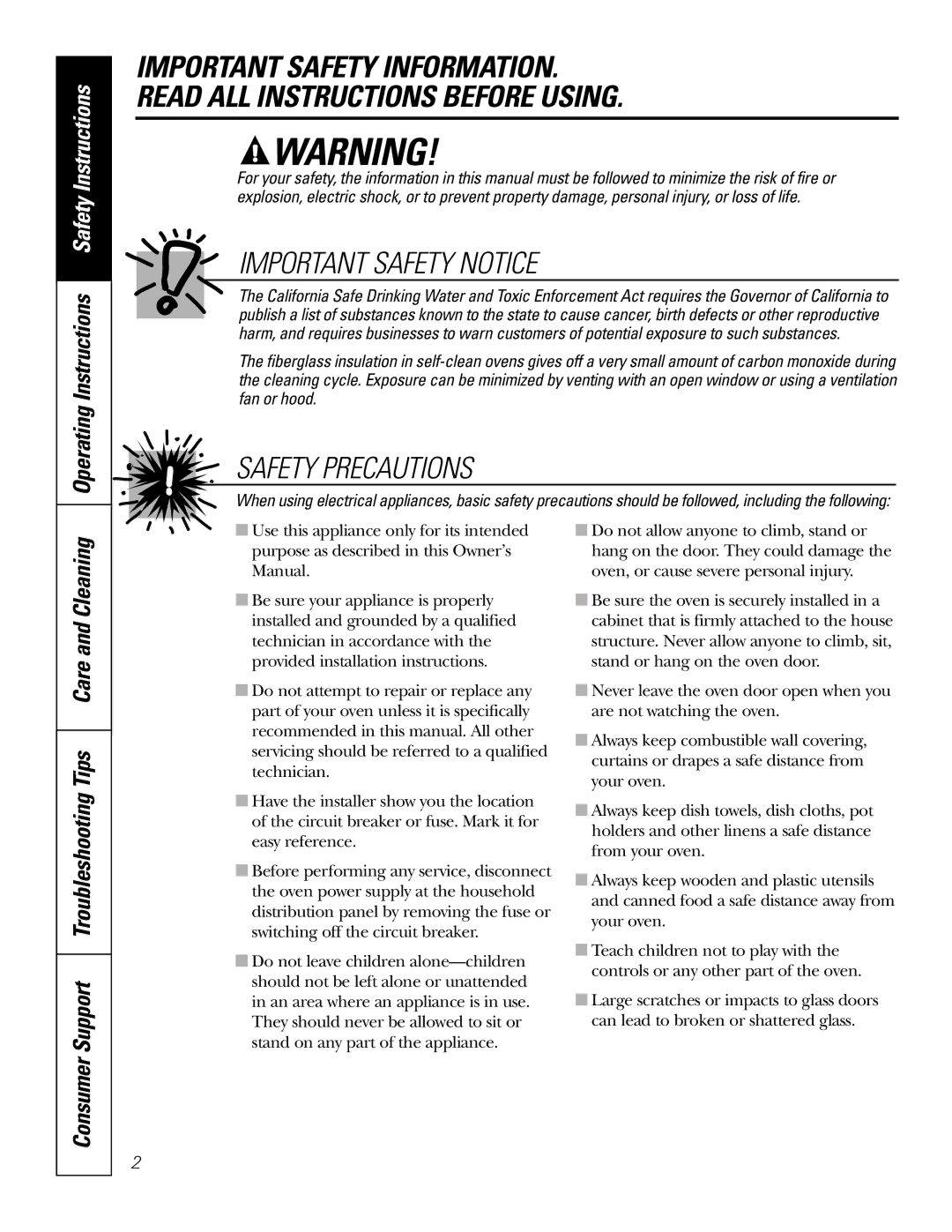 GE JRP 28 owner manual Operating Instructions Safety Instructions, Consumer Support Troubleshooting Tips Care and Cleaning 