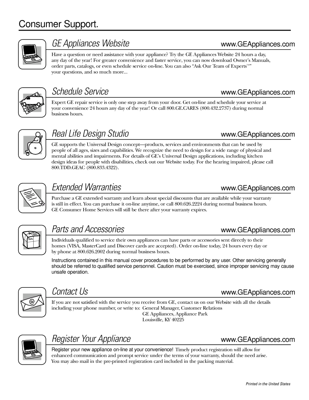 GE JRP 28 Consumer Support GE Appliances Website, Schedule Service, Real Life Design Studio, Extended Warranties 